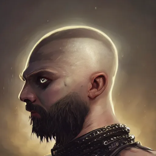 Prompt: a d & d portrait of an armored gray - skinned goliath with face tattoos, sides of head shaved with black ponytail, black beard, strong, art by deiv calviz, splash art, natural light, fantasy, atmospheric lighting, by greg rutkowski, hd wallpaper, ultra high details, cinematic composition, professional unique masterpiece