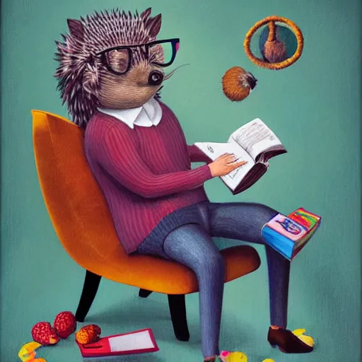 Prompt: intellectual hedgehog, smart hedgehog, hedgehog with glasses, hedgehog with pipe, sitting in chair, reading a book, smoking pipe, clean, cute, bright colors, clear lines, painted by mary jane ansell