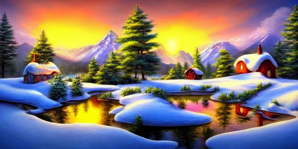 Image similar to a beautiful fantasy landscape, snowy mountain in background, little cottage, small pond, some trees in the corner, sunrise. hyper realism