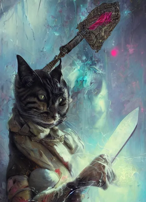 Image similar to a humanoid cat with a sword, Atmospheric beautiful by Stanley Artgerm, Tom Bagshaw, Arthur Adams, Carne Griffiths, trending on Deviant Art, street art, face enhance, chillwave, maximalist, full of color, glittering, 8k, hd