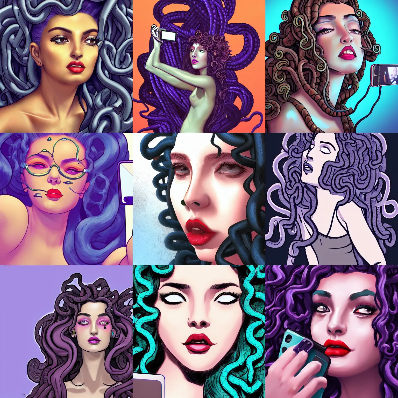 Prompt: Close-up of Medusa as an influencer taking a selfie for instagram and throwing a kiss to the camera, digital art, incredible quality, trending on artstation