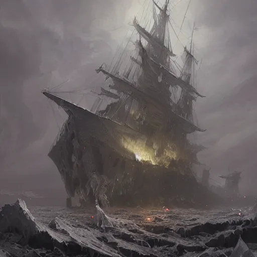 Prompt: ghost ship in hell, cold, icey white lightning, big frozen monstrocity Cthulhu in the background, hyperdetailed, artstation, cgsociety, by greg rutkowski, by Gustave Dore