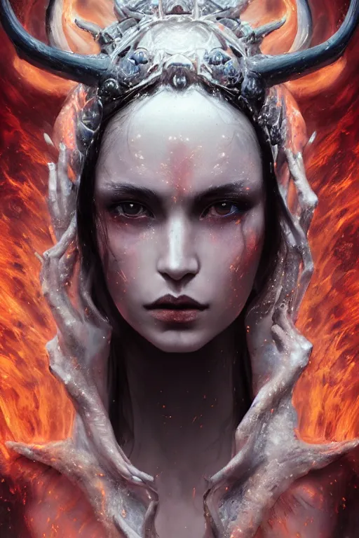 Image similar to a beautiful portrait of celestial Demon women covered in white flames with an intense look on her face by Greg Rutkowski, Sung Choi, Mitchell Mohrhauser, Maciej Kuciara, Johnson Ting, Maxim Verehin, Peter Konig, Bloodborne , 8k photorealistic, cinematic lighting, HD, high details, atmospheric , trending on artstation