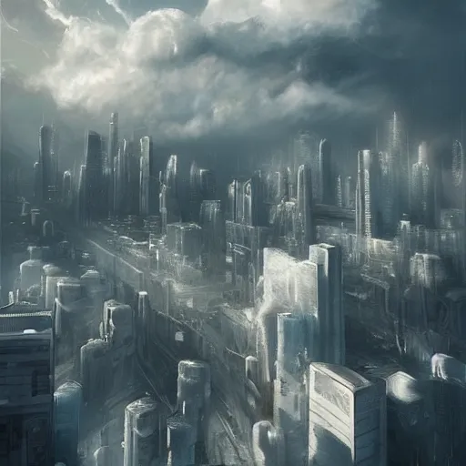 Image similar to A city in the clouds, white, futuristic, High Quality, houses, buildings, clouds, wind by Greg Rutkowsky trending on Artstation