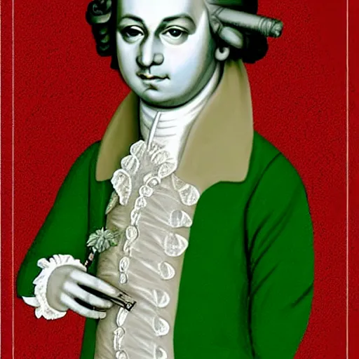 Image similar to Mozart with bloodshot eyes holding a weed joint in his hand, digital art