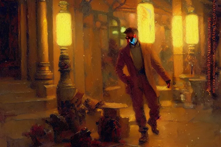 Image similar to winter, attractive male, neon light, painting by gaston bussiere, craig mullins, j. c. leyendecker