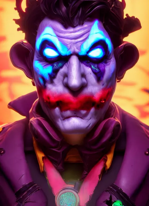 Image similar to glowwave portrait of joker from borderlands 3, heri irawan, hyper detailed, digital art, trending in artstation, cinematic lighting, studio quality, smooth render, unreal engine 5 rendered, octane rendered, art style by klimt and nixeu and ian sprigger and wlop and krenz cushart.