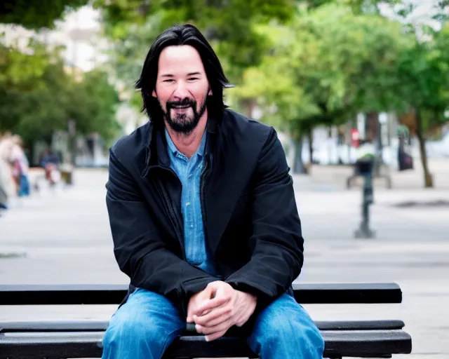 Image similar to 5 5 mm photo of happy keanu reeves in blue jeans and black jacket sitting on a bench in the street. dof. lifelike. ultra detailed. intricate. soft light. nikon d 8 5 0.