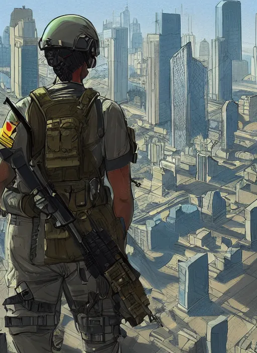 Image similar to Dinah. USN special forces operator looking at city skyline. mgs and rb6s Concept art by Matt Rhodes.