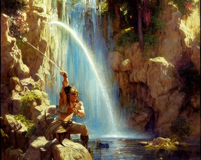 Image similar to attractive male wizard casting time magic, stopping water from a waterfall. highly detailed painting by gaston bussiere, craig mullins, j. c. leyendecker 8 k