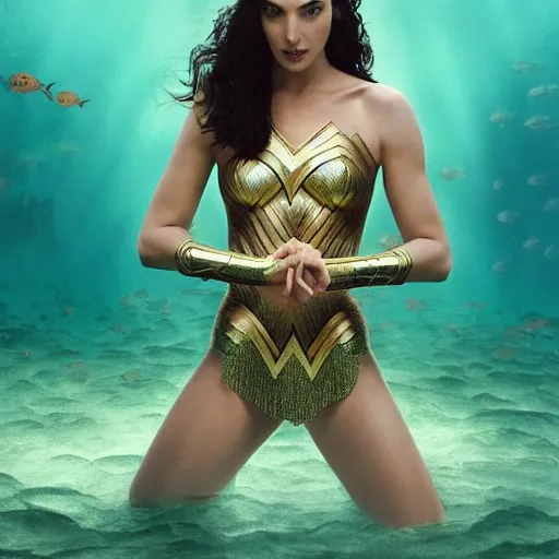 Image similar to Full body photo of the beautiful woman Gal Gadot as a siren, she is swimming under the sea, she is leading a variety of school of fish, she has a glow coming from her, she is getting illuminated for rays of light that cross the sea, the photo was taking by Annie Leibovitz, matte painting, oil painting, naturalism, 4k, 8k