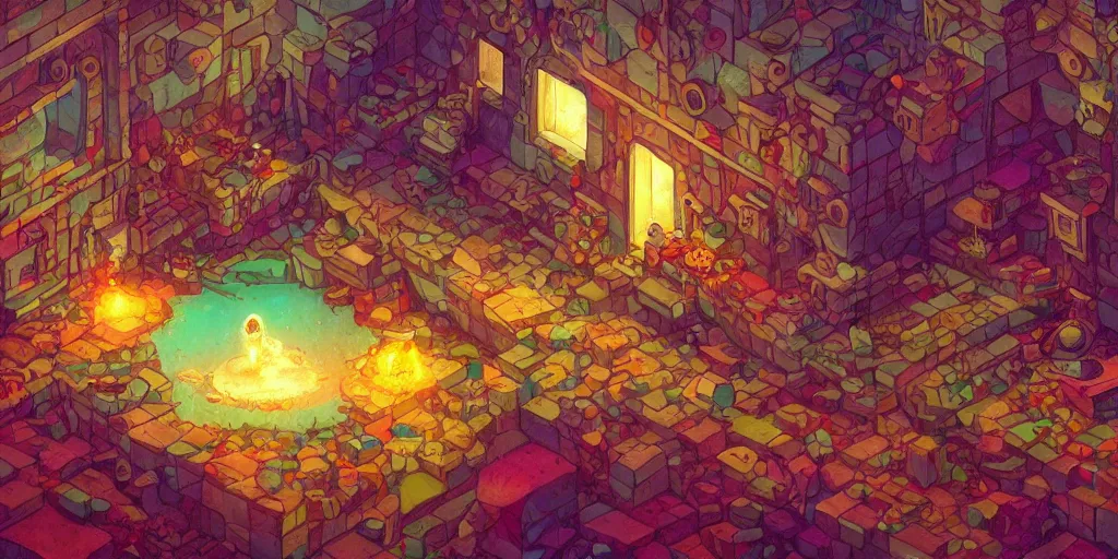 Prompt: isometric room of a room filled with white lava, house in the rock, colorful dream, glowing lights, epic fantasy, colorfully, detailed illustration, digital art, highly saturated colors, overdetailed art, concept art, detailed illustration, hd, 4 k, digital art, greg rutkowski, dan mumford, studio ghibli trending on artstation