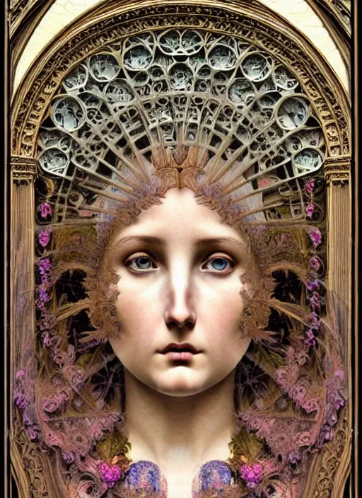 Image similar to hyperrealistic detailed face portrait of a beautiful young goddess morphing into a gothic cathedral, authentic ornamental architecture, intricate and highly detailed, awe inspiring art by ernst haeckel, h. r. giger, alphonso mucha, raphael, gothic, neo - gothic, heavily ornamental, nice deep colours,