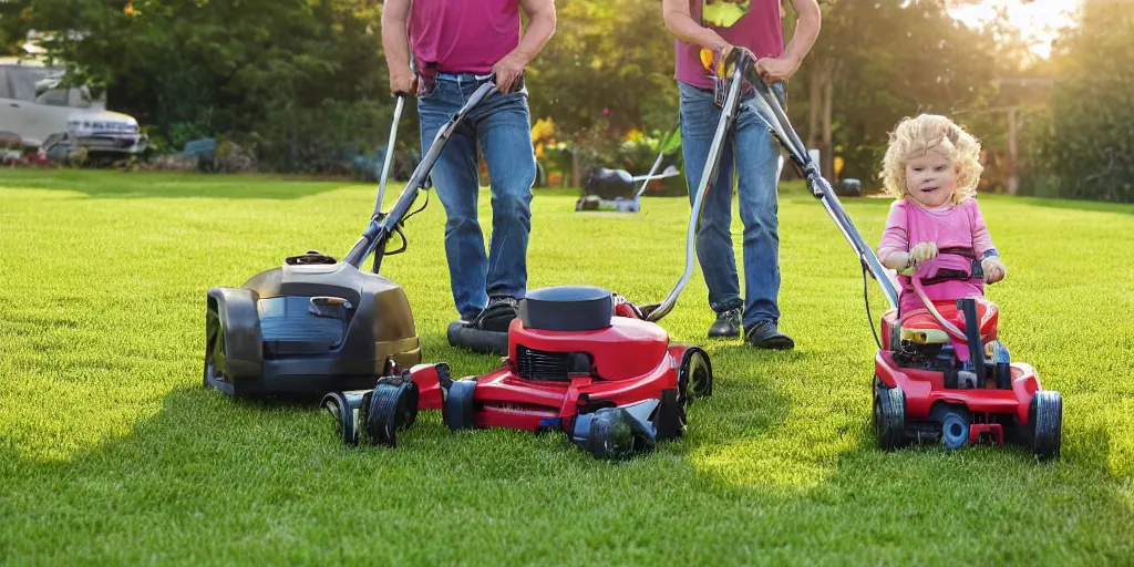 Prompt: a two shot of a cute long haired toddler pushing her plastic lawn mower as she follows directly behind her father, who is mowing his lawn while sitting on a riding lawnmower, golden hour