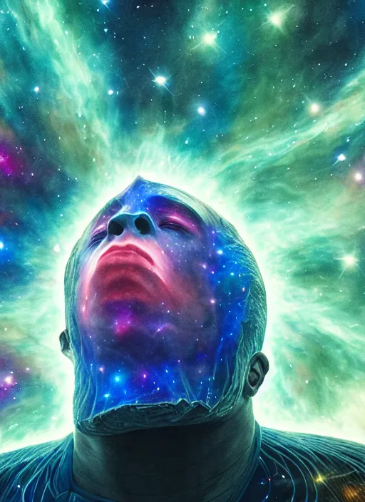 Image similar to nebula consciousness as a giant, stars surround him, interesting angle, sharp focus, 8 k high definition, insanely detailed, intricate, art by kazuya takahashi, fenghua zhong, sangsoo jeong, kevin hou