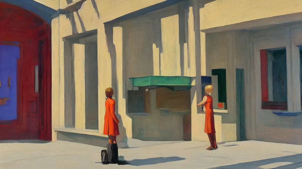 Image similar to Street art. paralyzed by the indescribable beauty of the cosmos. facade of the entrance to the art gallery exhibition. art style by Edward Hopper daring, incredible