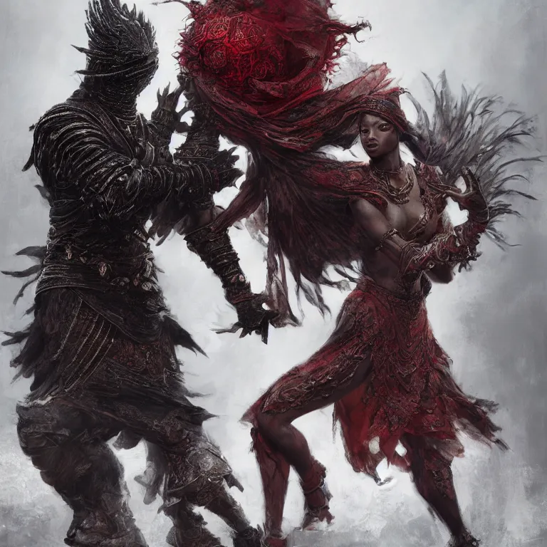 Prompt: dance of black man and a female red devil, Dark Souls 3 themed, in style of Ruan Jia, insanely detailed and intricate, elegant, ornate, luxury, elite, matte painting, cinematic, cgsociety, James jean, Brian froud, ross tran, Laputa