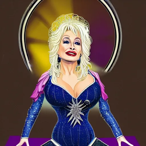 Image similar to dolly parton as queen of america, photorealistic,