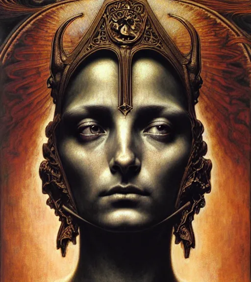 Image similar to detailed realistic beautiful young medieval queen of mars face portrait by jean delville, gustave dore and marco mazzoni, art nouveau, symbolist, visionary, gothic, pre - raphaelite. horizontal symmetry by zdzisław beksinski, iris van herpen, raymond swanland and alphonse mucha. highly detailed, hyper - real, beautiful