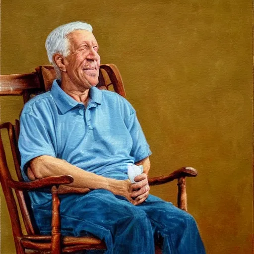 Prompt: adam sandler as a very old man sitting in a rocking chair, oil painting