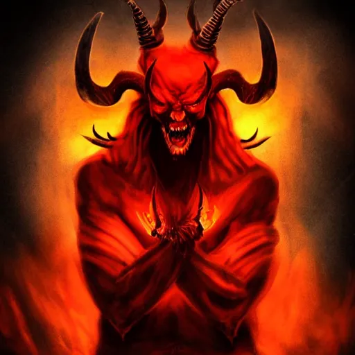 Image similar to the _ devil _ holding _ a _ skull _ red _ horns _ ominous _ fiery _ background _ symmetrical _ detailed _ face _ despair _ highly _ detailed _ high _ resolution _ sandro _ botticel