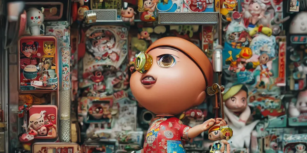 Image similar to closeup portrait of tin toy retro tokyo corner store, depth of field, zeiss lens, detailed, centered, photoshoot, by nicoletta ceccoli, mark ryden, lostfish, breathtaking, 8 k resolution, extremely detailed, beautiful, establishing shot, artistic, hyperrealistic, octane render, - h 8 0 4