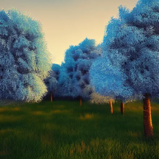 Prompt: Colorful fluffy trees in a field, octane render, volumetric lighting, 4K