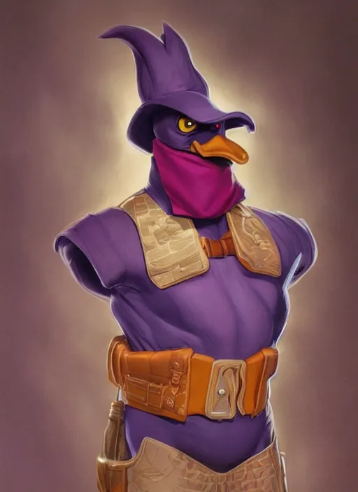 Image similar to portrait of Darkwing Duck from Society (1989), intricate, highly detailed, centered, digital painting, artstation, concept art, smooth, sharp focus, illustration, artgerm, donato giancola, Joseph Christian Leyendecker, WLOP, Artgerm