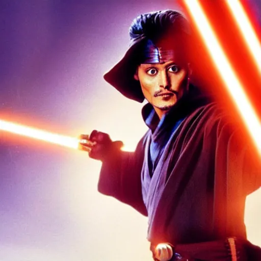 Image similar to awe inspiring Johnny Depp as a Jedi Master wielding a golden lightsaber Star Wars movie still 8k hdr amazing lighting