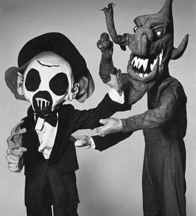 Image similar to hyper realistic old 1 9 8 0 photography of lunatic mad ventriloquist occultist old man with terrific haunted devil puppet