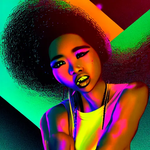 Prompt: beautiful blasian woman raps into microphone, hip hop vaporwave, abstract background, neon, photo, detailed, 4k