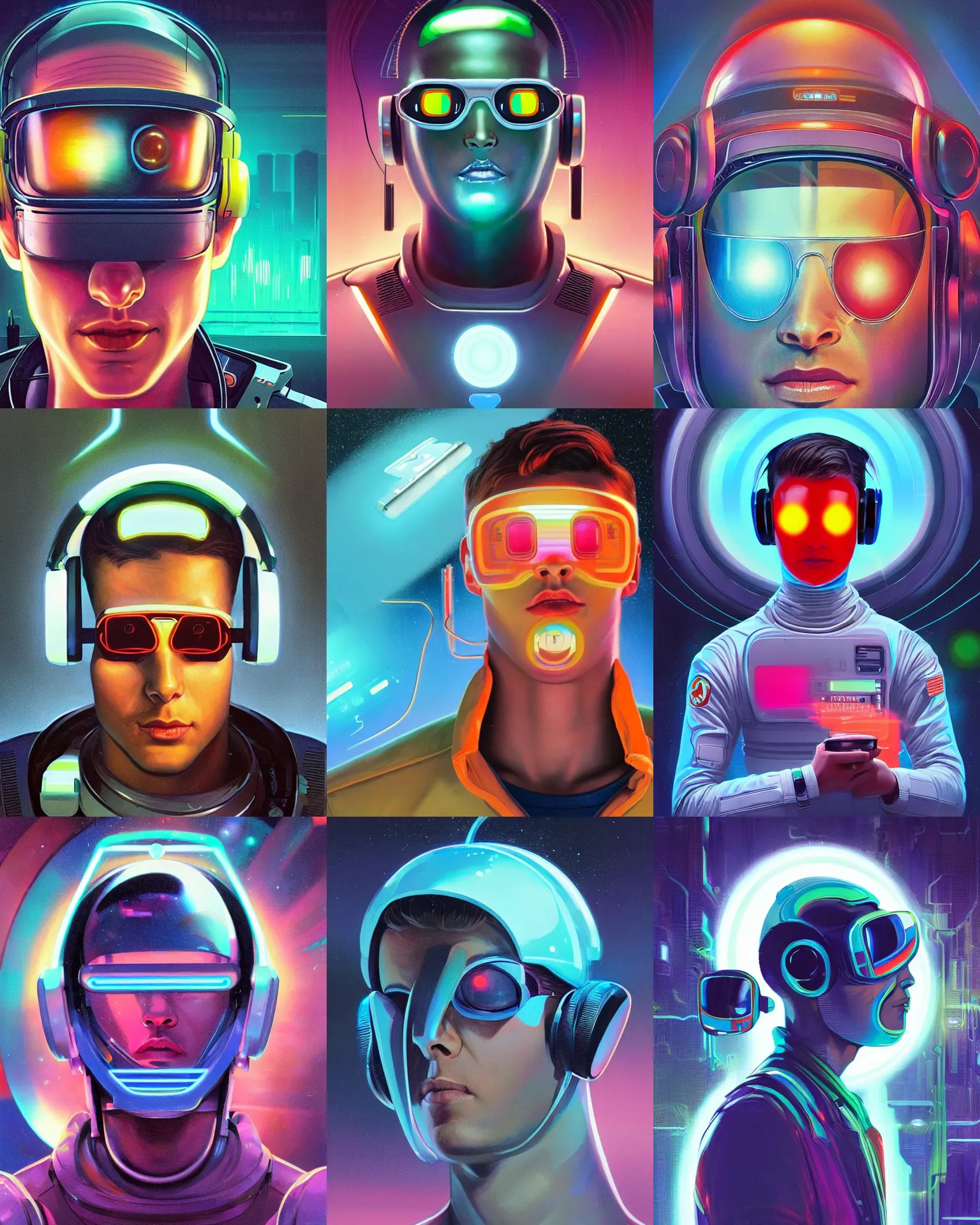 Image similar to future coder man looking on, sleek cyclops display over eyes and sleek bright headphoneset, neon accent lights, holographic colors, desaturated headshot portrait digital painting by dean cornwall, rhads, john berkey, tom whalen, alex grey, alphonse mucha, donoto giancola, astronaut cyberpunk electric