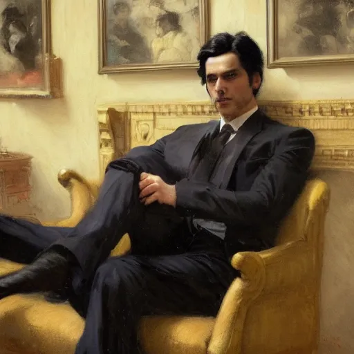 Image similar to detailed cinematic wide shot of sucession atractive man black hair black suit smooth, sharp focus, ultra realistic, in corporate office spring light, painting by gaston bussiere, craig mullins, j. c. leyendecker