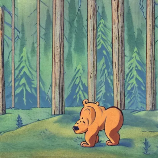Prompt: magical forest, bear, trees, honey, 1 9 4 0 s cartoon, merry melodies, sharp focus