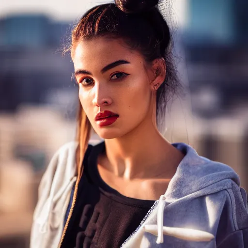 Image similar to photographic portrait of a streetwear woman, closeup, on the rooftop of a futuristic city overlooking a desert oasis, sigma 85mm f/1.4, 4k, depth of field, high resolution, 4k, 8k, hd, full color