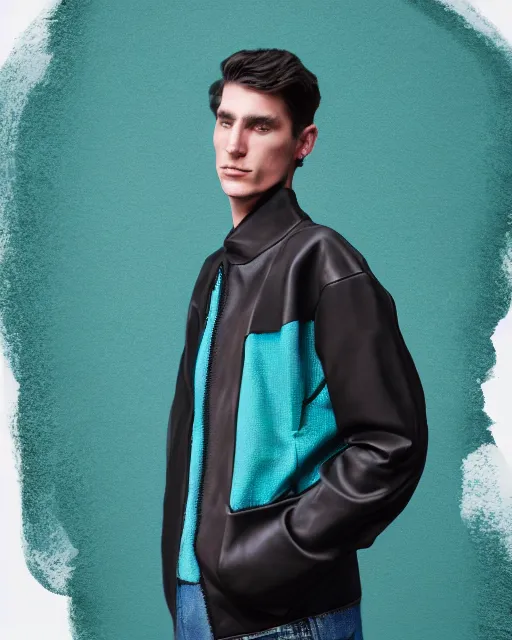 Prompt: fashion tech pack vvector of a male model wearing a baggy teal distressed medieval menswear moto jacket by issey miyake, 4 k, studio lighting, wide angle lens
