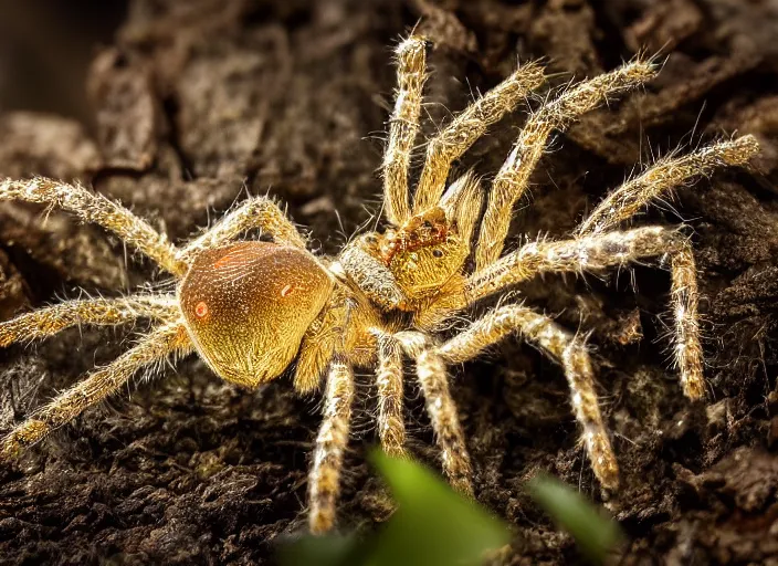 Image similar to super macro of a diamond spider with big eyes sitting on a flower, in the forest. fantasy magic style. highly detailed 8 k. intricate. nikon d 8 5 0 3 0 0 mm. award winning photography.