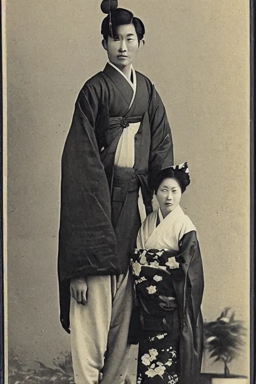 Image similar to anthropomorphic asian black bear in traditional Japanese mens clothing, posing with Japanese girl in kimono, 1900s photo