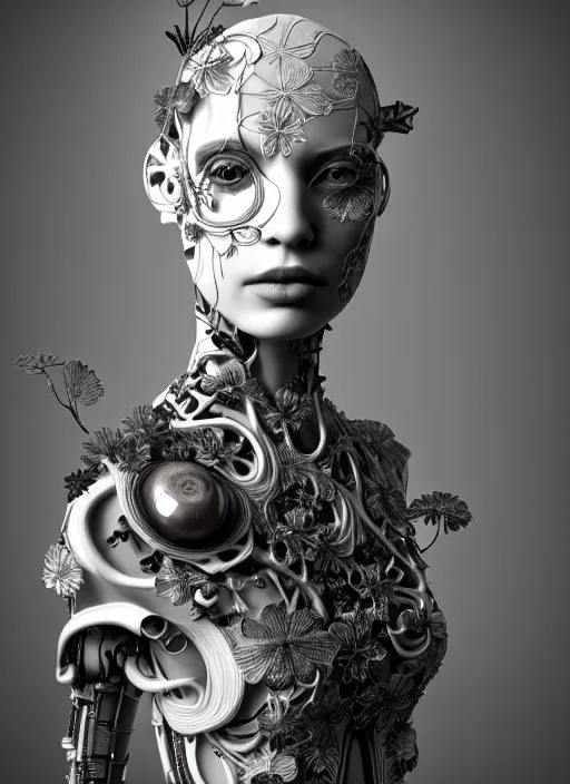 Prompt: monochrome 3 d model, biomechanical young female cyborg with porcelain profile face and a big floral eye, volumetric light, big leaves foliage and stems, hibiscus flowers, boho floral vines, sinuous fine roots, fine foliage lace, alexander mcqueen, rim light, art nouveau fashion pearl embroidered collar, steampunk, octane render, 8 k