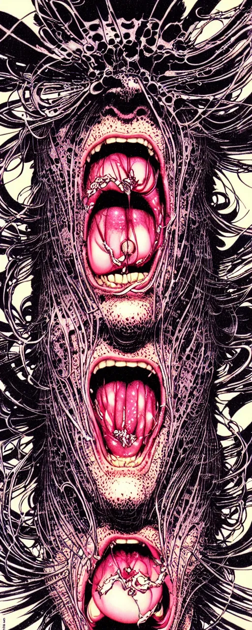 Image similar to closeup of face melting in agony with tongue, by yoichi hatakenaka, masamune shirow, josan gonzales and dan mumford, ayami kojima, takato yamamoto