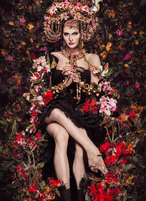 Image similar to full body environmental portrait photo of a female model, ornate headpiece made from flowers, ornaments, glamour shot by gemmy woud - binnendijk, chris knight, photorealistic, canon r 3, fashion photography, ornate, symmetrical features, octane render, unreal engine, solid dark background, clamp shell lighting, rim lighting