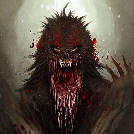 Image similar to Dark Fantasy Painting of a werewolf with blood dripping from its mouth, creepy, unsettling, horror, upper body, intricate, wild, highly detailed, digital painting, artstation, concept art, smooth, sharp focus, illustration, art by artgerm and greg rutkowski and alphonse mucha