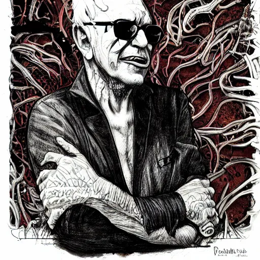 Image similar to bernie sandersaurus graphic illustration, creative design, skinless head, biopunk, body horror, full body portrait, character design, by ralph steadman, francis bacon, hunter s thompson