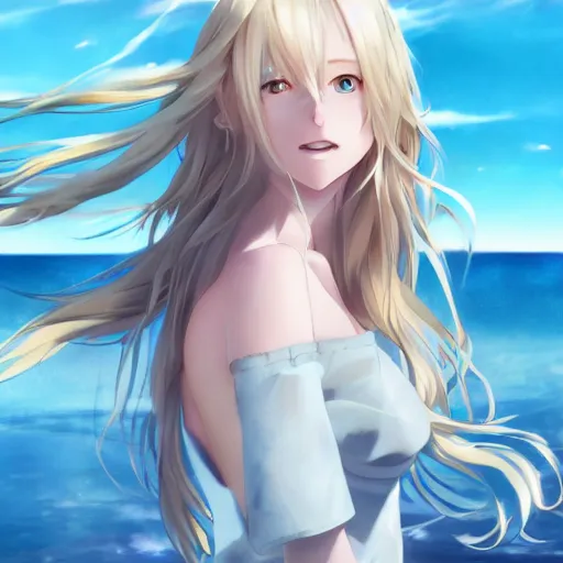 Image similar to a very beautiful anime cute girl, full body, long wavy blond hair, sky blue eyes, full round face, short smile, fancy top, miniskirt, front view, summer lake setting, cinematic lightning, medium shot, mid-shot, highly detailed, cinematic wallpaper by Stanley Artgerm Lau