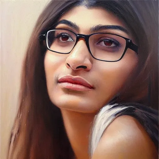 Prompt: beautiful painting an gorgeous of mia khalifa, oil painting, art by ruan jia