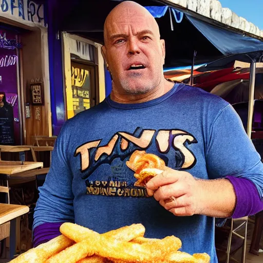 Image similar to thanos from mcu eating a churros at a bar in tharros ( sardinia )