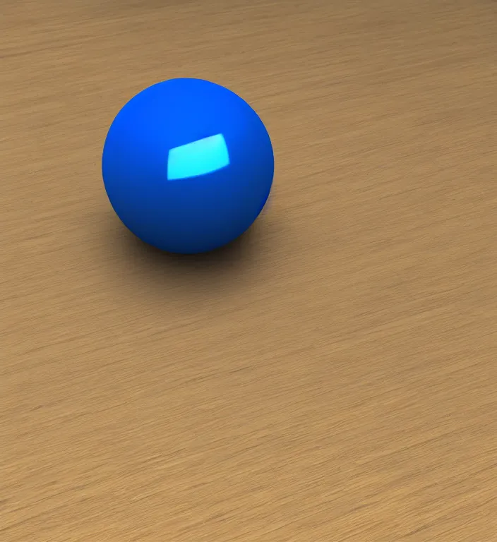 Image similar to a blue ball on a table + specular highlights, ambient occlusion, global illumination, bump map, reflective, caustics, refractive