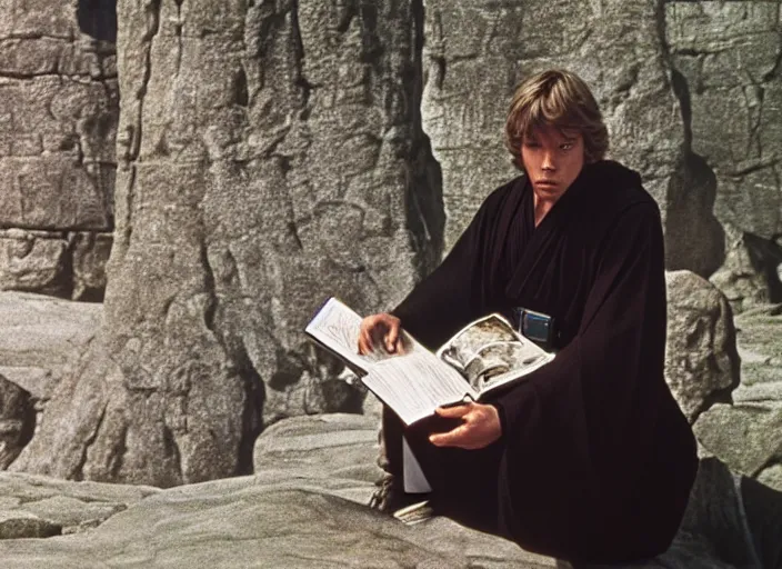 Image similar to screenshot of Luke Skywalker reading the ancient Jedi textbooks, outside on a rocky jedi temple, famous scene from the force awkaens, 1980s film directed by Stanley Kubrick cinematic lighting, moody cinematography, with anamorphic lenses, crisp, detailed portrait, 4k image