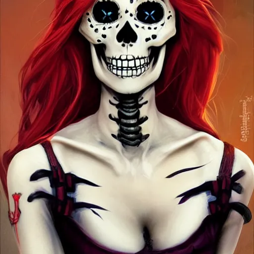 Image similar to cute & beautiful smug smiling undead skeleton girl with very attractive face and red hair dressed as a pirate, elegant, digital art, fullbody painting, fantasy, pixar style, painting, pin up, highly detailed, artstation, art by artgerm, vrubel, greg rutkowski, ilya kuvshinov, raymond swanland