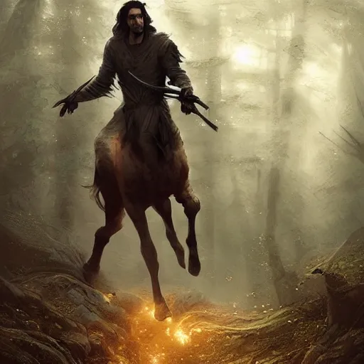 Image similar to Adam Driver as a centaur warrior, human torso on a horse body, galloping through the forest, digital art, fantasy art by Greg Rutkowski